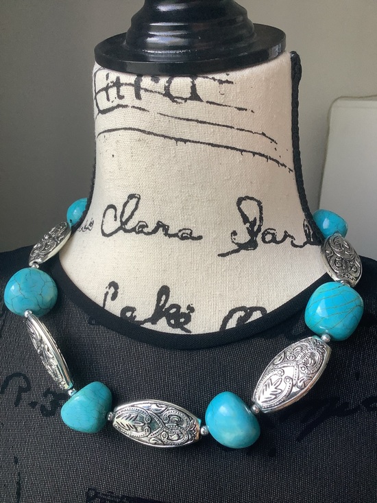 Jewelry - Turquoise Bead and Silver-Plated Statement Necklace - Blue heavy weighted